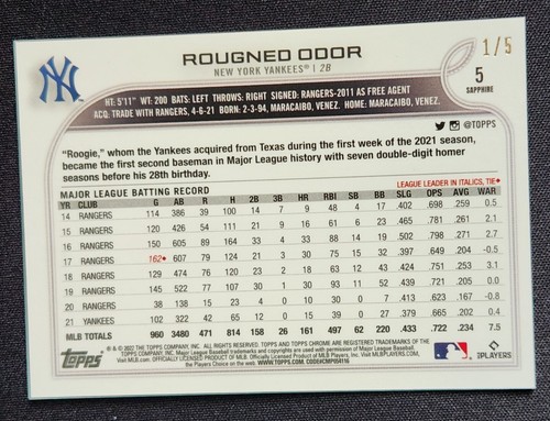 2022 Topps Chrome Sapphire Rougned Odor Red Refractor SSP 1/5 New York Yankees - Picture 2 of 2