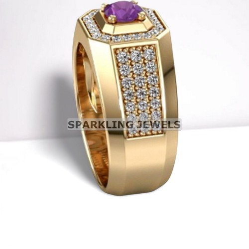 VVS Amethyst Round Cut With 925 Silver Gold Plated Ring For Men #B253 # - Picture 5 of 6