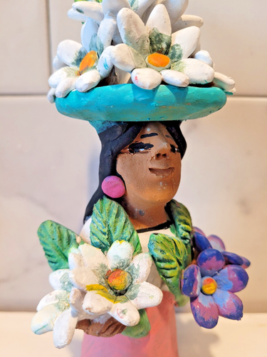 Market Flower Vendor Josefina Aguilar Oaxaca Mexico White and Blue Flowers - Picture 2 of 6
