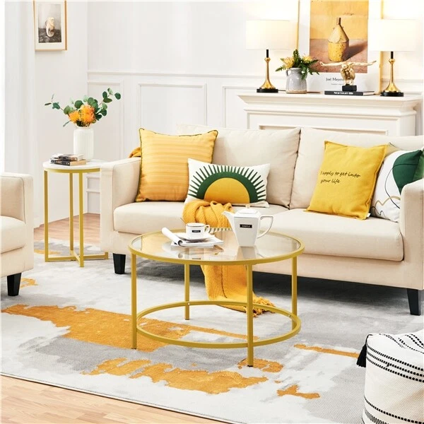 Round Coffee Table Tempered Glass Sofa Living Room Table w Metal Frame Gold