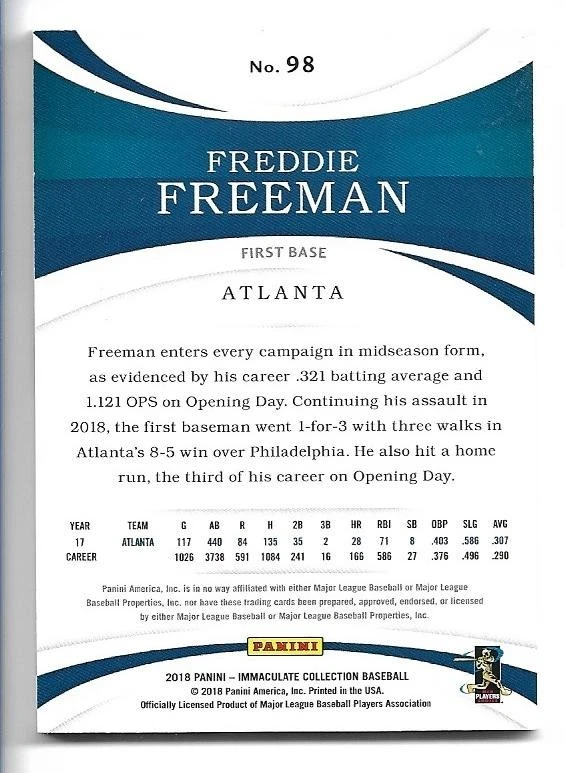 Freddie Freeman 2018 Panini Immaculate Collection #98 #24/99 - Image 2 of 2