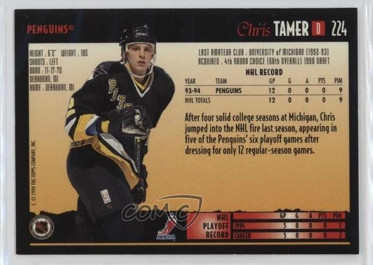 1994-95 Topps Premier Chris Tamer #224 Rookie RC - Image 2 of 2