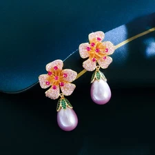 Rose Red Earrings Luxury Eardrop CZ Flower Pearl Ear Earrings Dangle Wedding