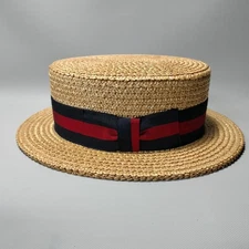 Vtg Ponte Rialto Venice Straw Boater Skimmer Hat Black Red Band Size 7 5/8 Italy