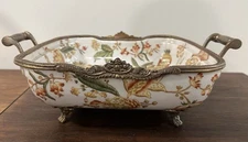 Chinese Hua Rong Tang Zhi Porcelain Brass Footed Serving Dish Pineapple VTG READ