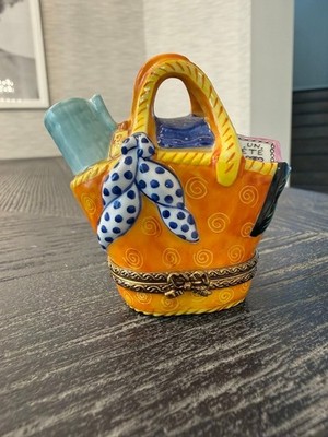 Limoges France Rochard Beach Bag Tote Trinket Box Peint Main Summer Towel Book