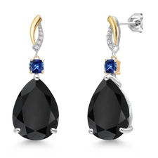 20.56 Ct Onyx Created Sapphire 925 Silver and 10K Yellow Gold Earrings