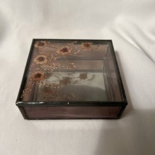 Vtg Stained Glass Trinket Jewelry Box Leaded Pressed Dried Flowers Mirror