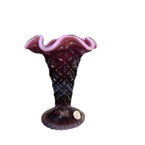 Fenton Plum Opalescent Ruffled Edge Vase Signed On Bottom: Nancy Fenton