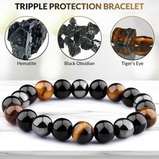 Triple Protection Black Tiger's Eye Obsidian Beaded Bracelet for Healthy, Love