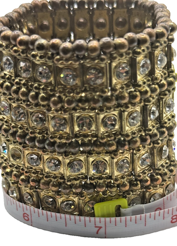 Wide Antique Gold Stretch Bracelet With Clear Sparkling Imitation Rhinestones - Picture 5 of 5