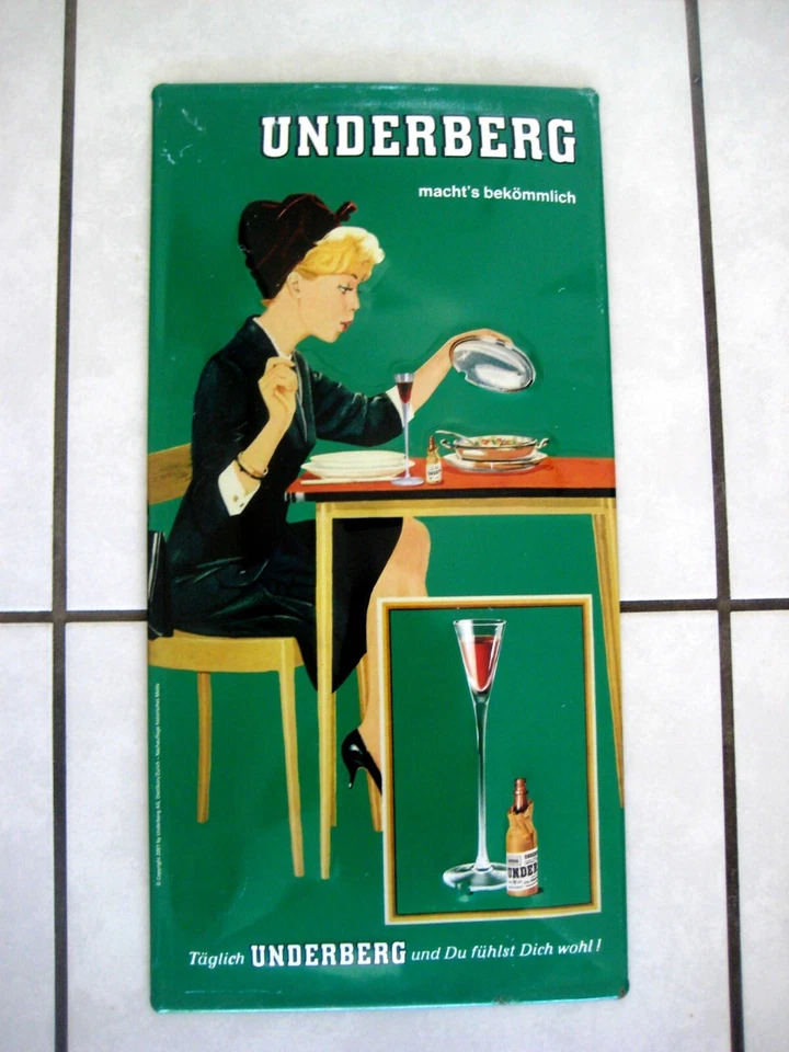 Original altes Blechschild (gewölbt) "UNDERBERG KRÄUTERLIKÖR" Werbung Schilder - Bild 1 von 3