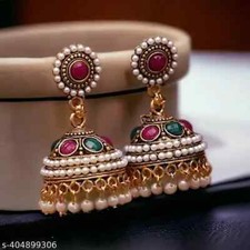 Traditional Gold Plated Jhumka Earrings with Red  Green Stones and Pearl Drops