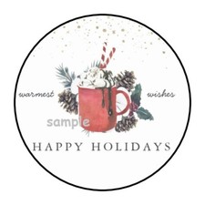 30 HAPPY HOLIDAYS HOT COCOA ENVELOPE SEALS LABELS STICKERS 1.5" ROUND PINE CONES