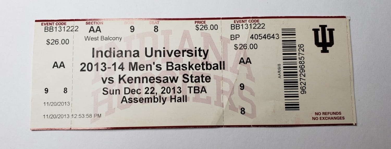 Indiana University Vs Kennesaw State Mens Basketball Ticket Stub Dec Indiana university vs kennesaw state mens basketball ticket stub dec