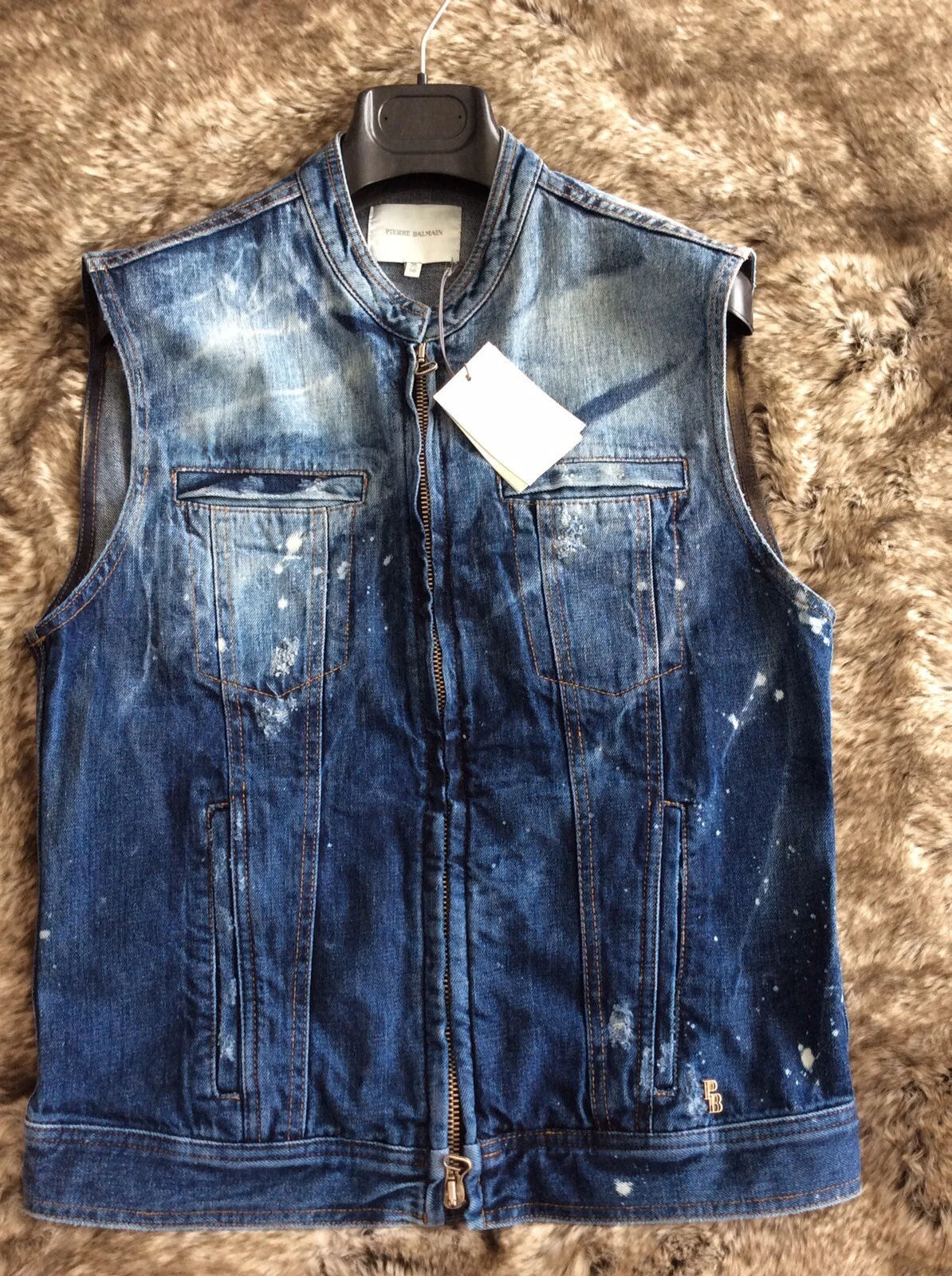Balmain — PIERRE BALMAIN Blue Paint Splattered Denim Gilet Sleeveless Jacket - Italy