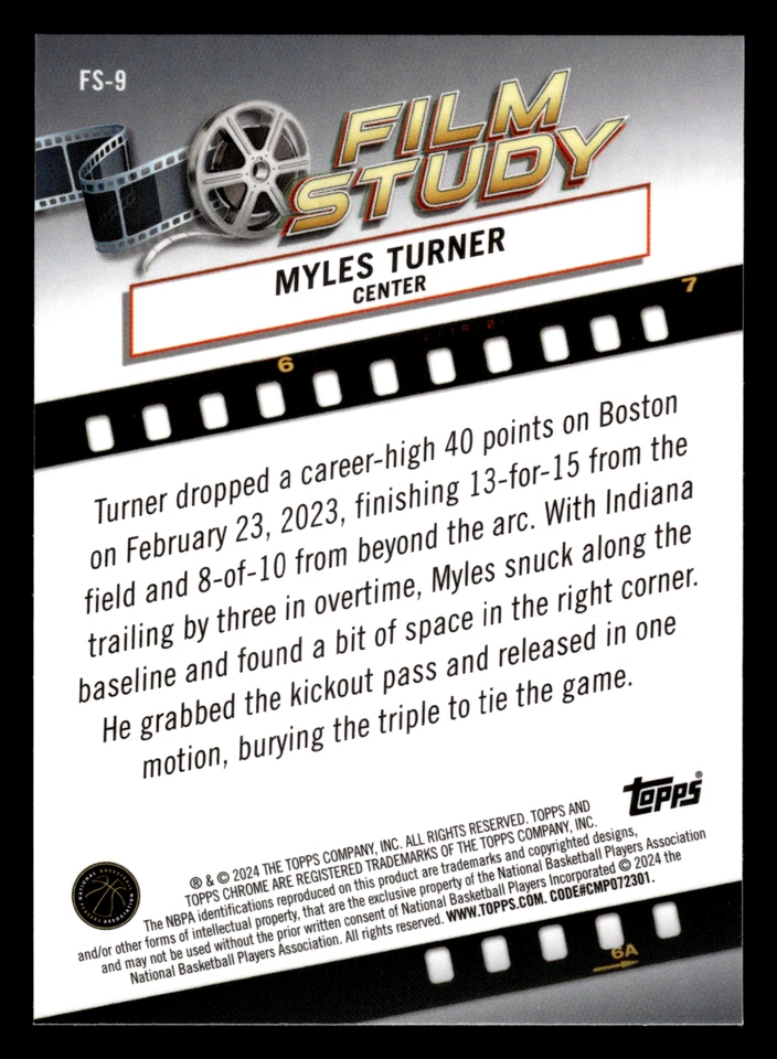 Myles Turner #FS-9 Film Study Refractor 2023-24 Topps Chrome Basketball A79 - Image 2 of 2
