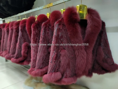 Handmade Knit Real Genuine Mink Fur Coat with Fox Fur Collar Shawls Wraps Cape - Picture 10 of 47