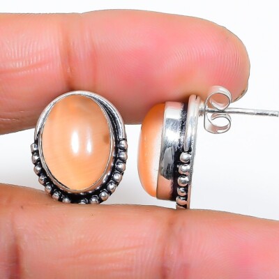 Peach Monalisa Gemstone 925 Sterling Silver Jewelry Stud Earring Sz 0.75''