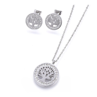 Stainless Steel Set Pendant Necklace Earrings Clay Tree of Life Gold 17'' Z755