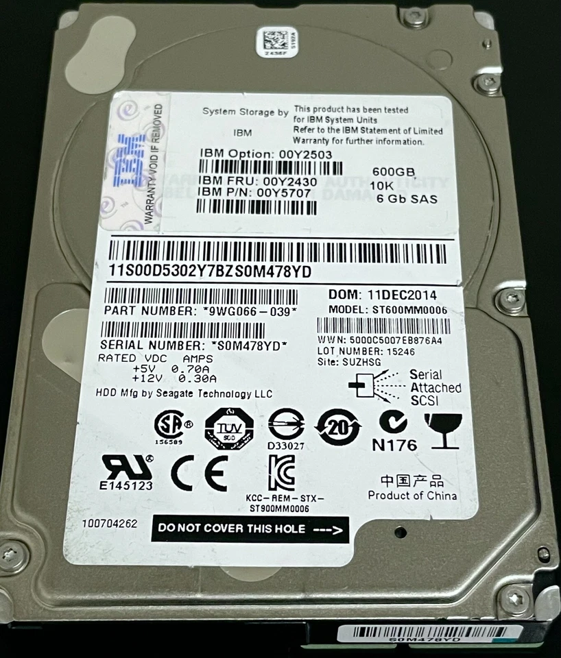 IBM 2072-ACLK Storwize 600GB 10K RPM 6Gb 2.5" SAS HDD 00Y2503 00Y2430 W/ TRAY - Image 2 of 2