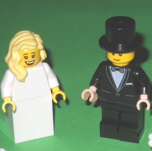 NEW LEGO WEDDING BLONDE HAIR BRIDE AND GROOM WITH TOP HAT, BLACK TUX W/BOWTIE