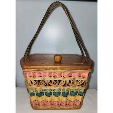 Vintage 50s Bright Woven StrawRattan Basket Purse WoodLid Mid Century Rockabilly