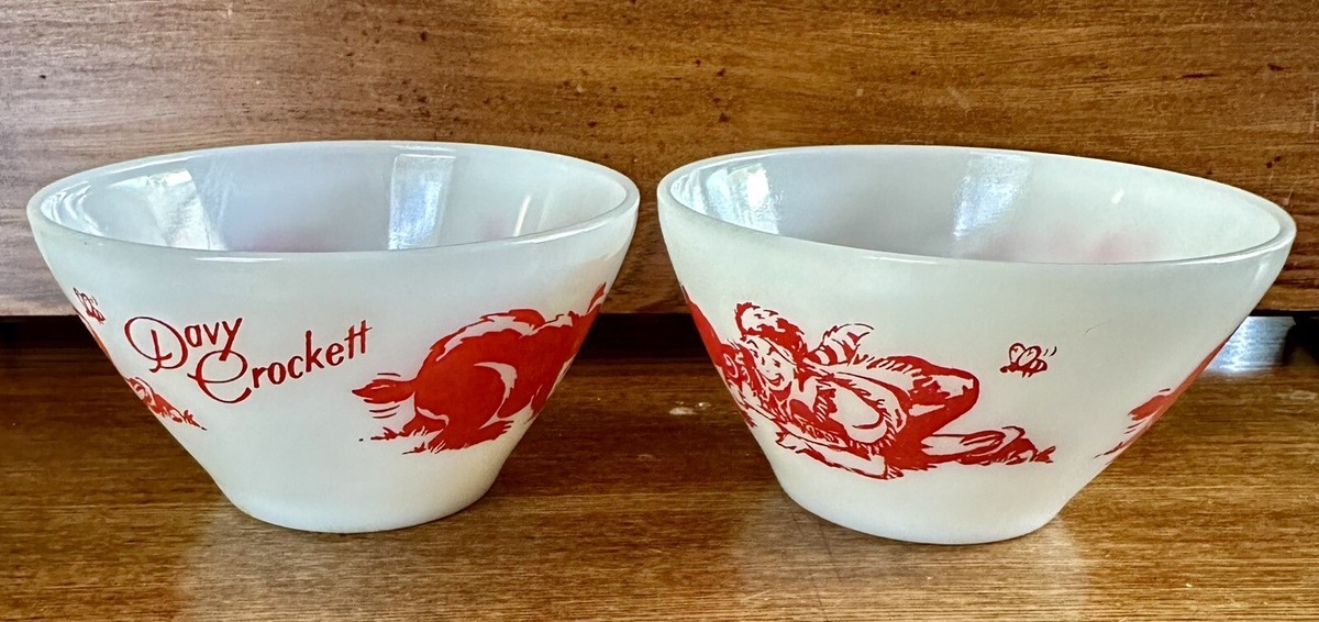 Set of 2 Davy Crockett Cereal Bowls Milk Glass Fire King Vintage