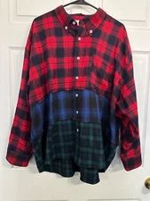 Sugarfox Size 2X Color Block Red Blue Green Plaid Button Up Flannel Shirt