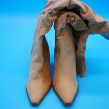ZBY Tan Faux Suede Knee High Boots Pointed Toe High Chunky Heel Side Zip Boots 8