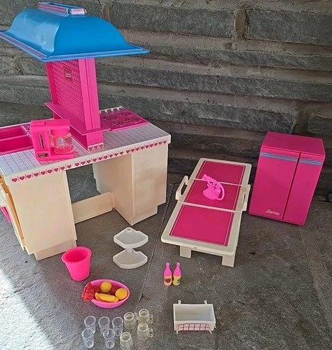 Vintage Barbie Mattel Dream Kitchen 1984 Some Accessories Pink Fridge Sink Table