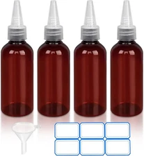 4 Pack 1 Oz (30ml) Amber Plastic Essential Oil Bottles with Funnel, Labels for L