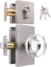 Brushed Nickelglass Door Knobs with Deadbolt, Single Cylinder Deadbolt and Cryst
