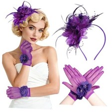 Fascinators Hats for Women and Tea Party Gloves Set, Headband One Size Purple