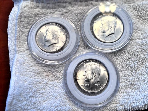 1964 Kennedy Half Dollars - 3 ea - 90% Silver - Almost Uncirculated -In Capsules