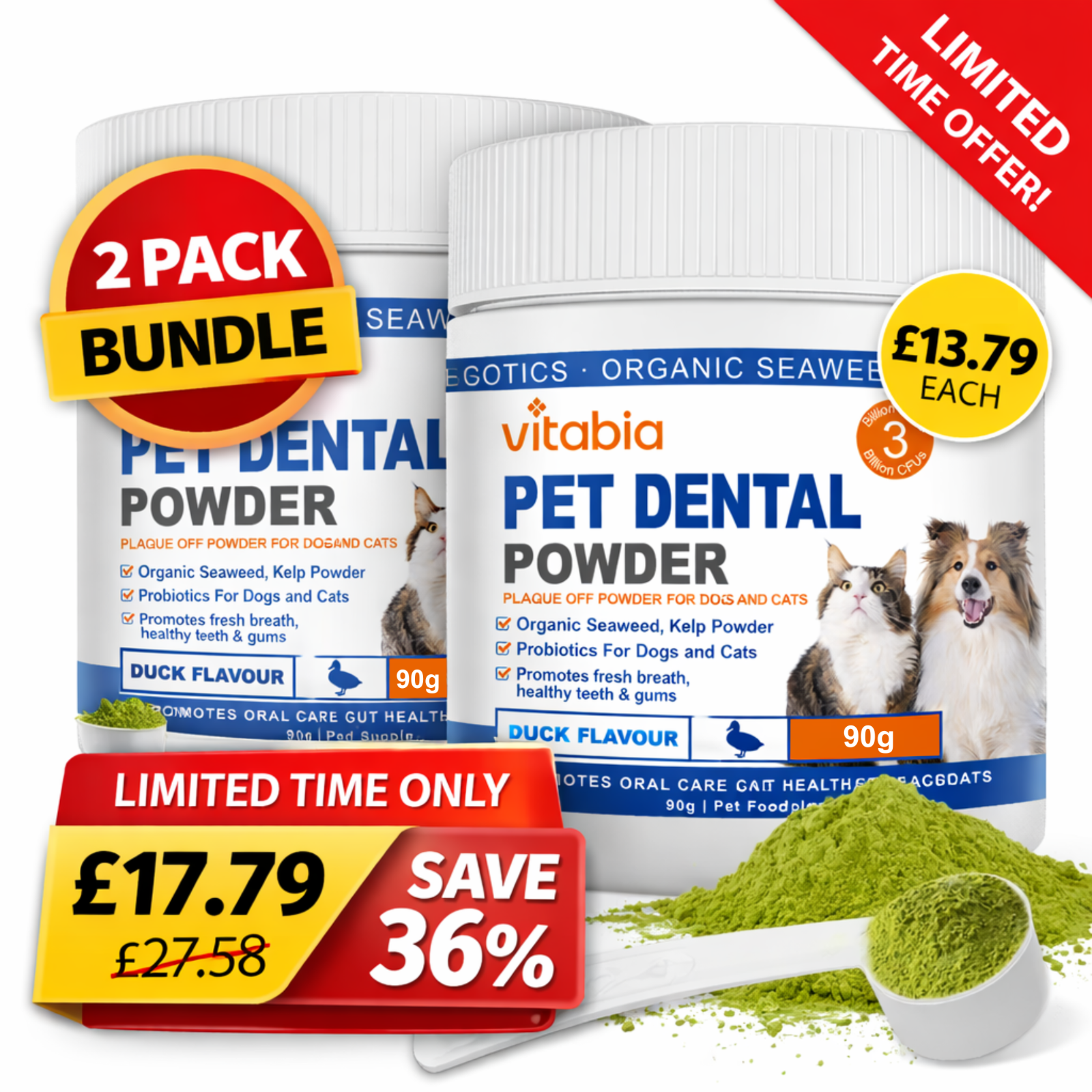 Plaque Off Powder for Dogs & Cats| Natural Tartar Remover & Teeth Cleaner| 2tubs