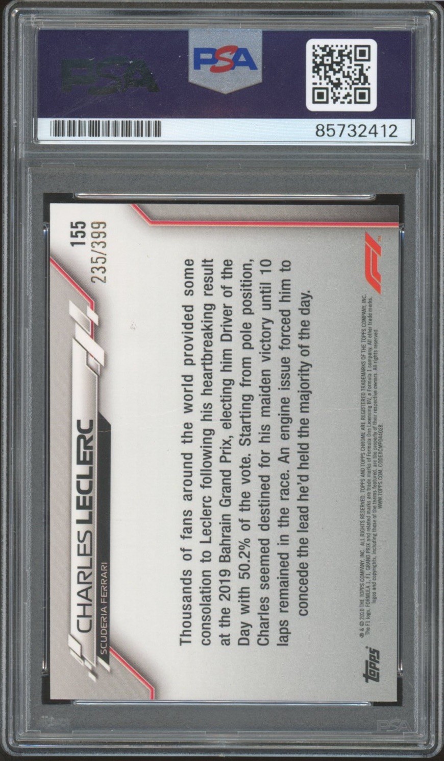 2020 Topps Chrome F1 #155 Charles Leclerc Signed Purple Rookie /399 PSA 10 AUTO view 2