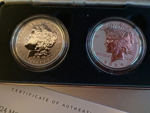 2024-S Reverse Proof $1 Morgan and Peace Silver Dollar 2pc Set Box ,OGP &