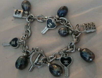 Authentic CHANEL Bracelet toggle chain black beads with lock and key ...