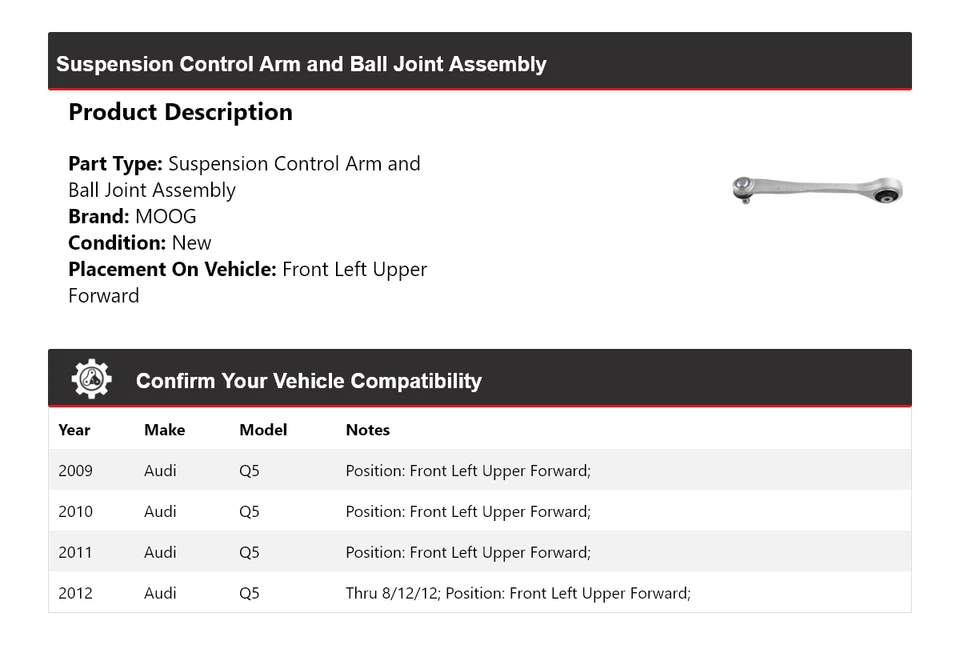 Brazo de control delantero izquierdo superior delantero delantero MOOG 2009 2010 2011 para Audi Q5 2009-2012 Foto 2 de 4
