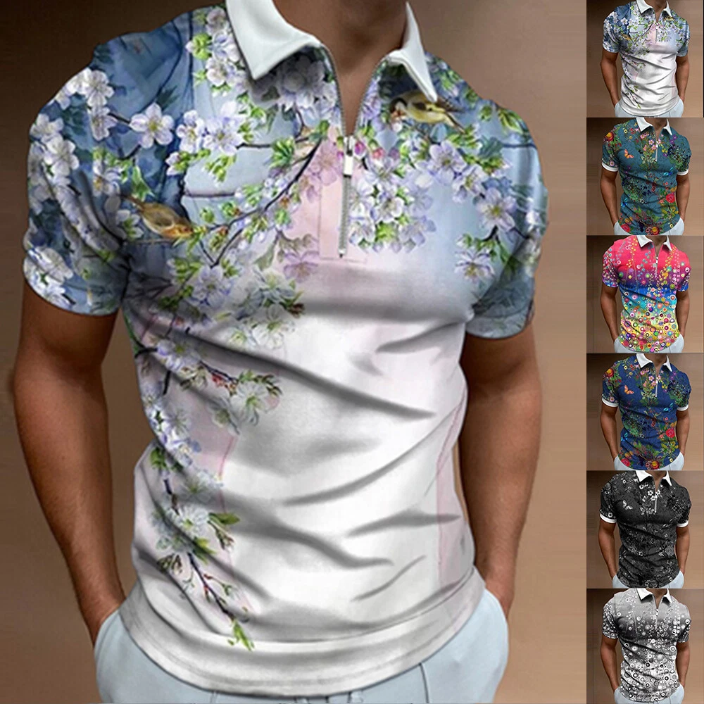 Mens Floral Zip Up Designer Shirt Summer Tops Work Casual Golf T Shirt  Blouse US