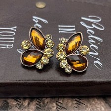 Vintage Amber Topaz Rhinestone Butterfly Stud Earrings Antique Copper