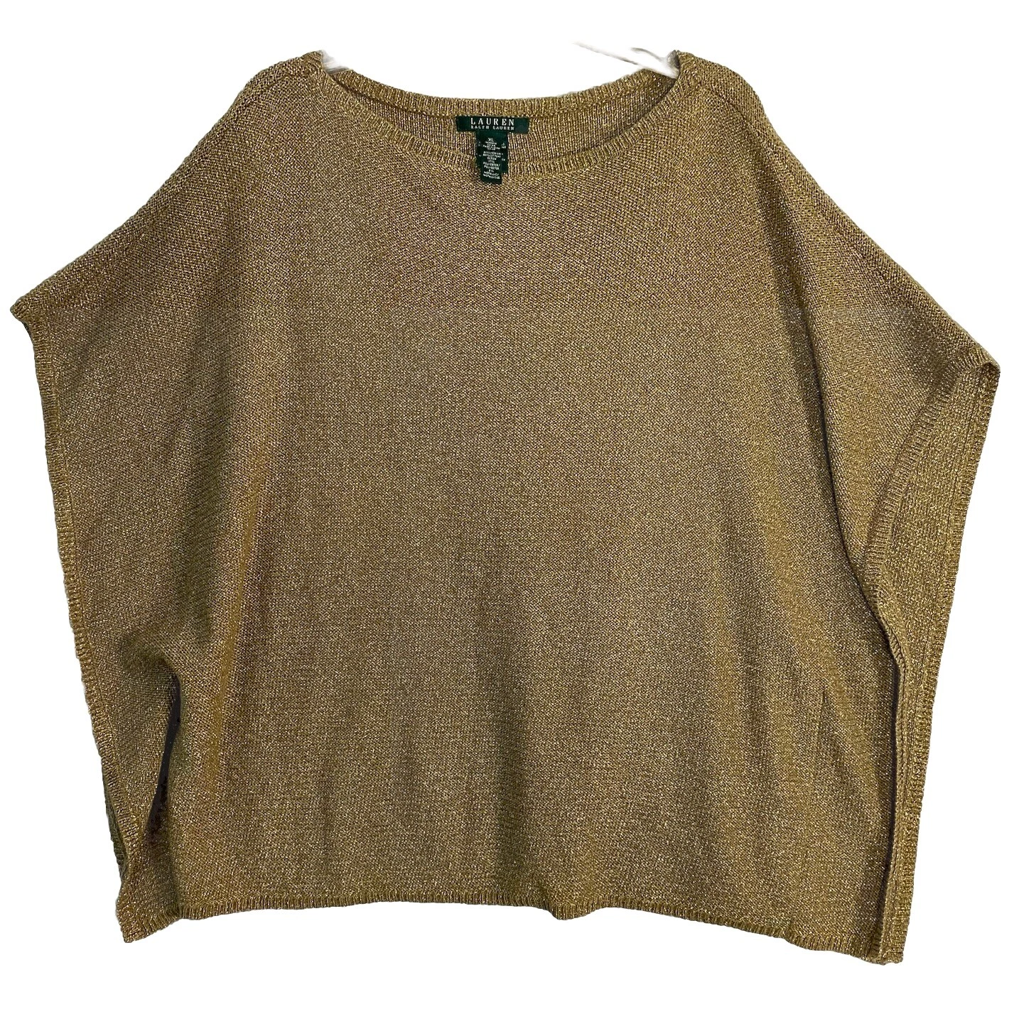 Lauren Womens Poncho Gold Knit Sweater S/S XL Linen Metallic
