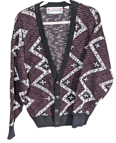 Vintage Sergio Valente Sweater Medium 38-40 Purple Black White V Neck Geometric