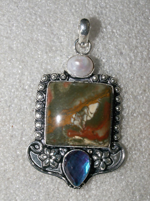  Edelstein ANHÄNGER   Silber pl. mit PICASSOJASPIS u. TOPAZ; BIWA PERLE   NEU!