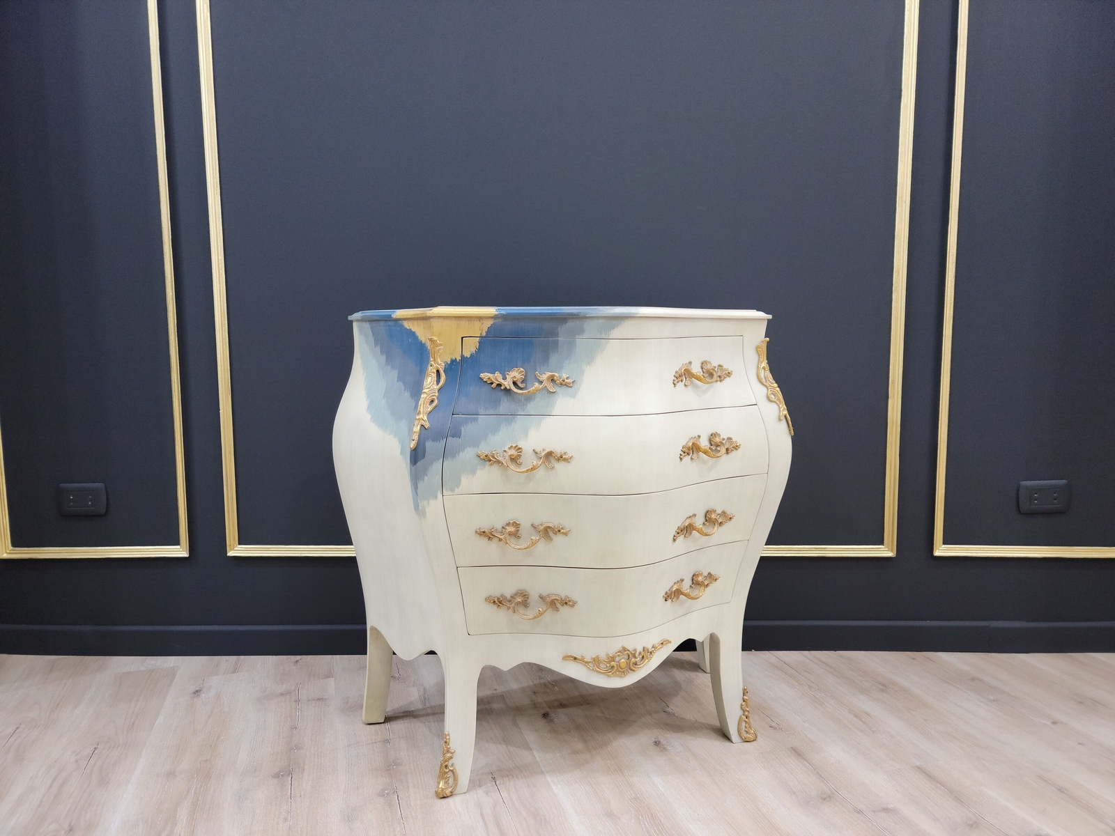 Vintage French Bombe Style, 24K Gold Leaf accent ,Solid Brass Trim, Chest of