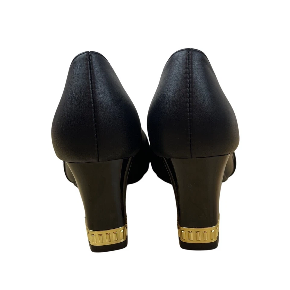 Женская футболка черная искусственная кожа жемчуг украшения и золотой акцент насосы размер 7 - Изображение 4 из 4