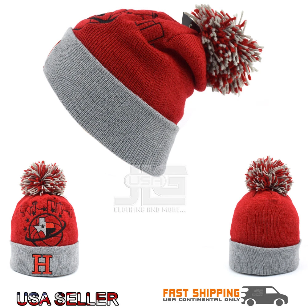 Huston New Leader City Skyline Two Tone Winter H Initial Pom Pom Knit Beanie Hat