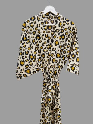 Indian White Leopard Printed Cotton Robe Long Kimono Sleepwear Night Suit Kimono