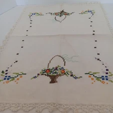 VINTAGE Hand Stitched & Laced CROSS STITCH Basket Pattern Table Doily 20" X 15"